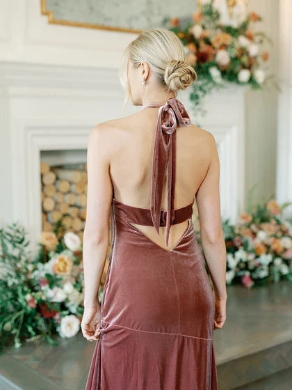 Elegant A-Line Halter Sleeveless Draped Slit Dusty Rose Floor-Length Bridesmaid Gown