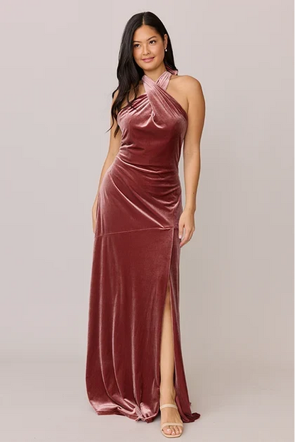 Elegant A-Line Halter Sleeveless Draped Slit Dusty Rose Floor-Length Bridesmaid Gown