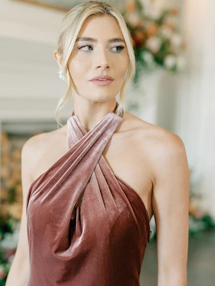 Elegant A-Line Halter Sleeveless Draped Slit Dusty Rose Floor-Length Bridesmaid Gown