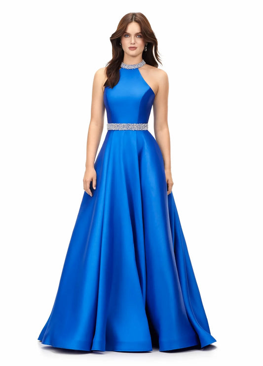 Elegant A-Line Halter Sleeveless Embellished Chic Royal Blue Floor-Length Evening Dress