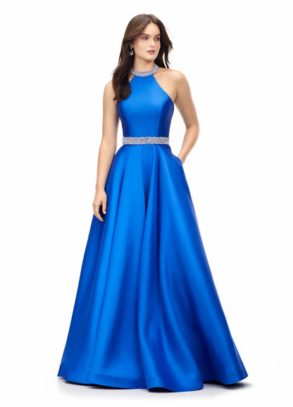 Elegant A-Line Halter Sleeveless Embellished Chic Royal Blue Floor-Length Evening Dress