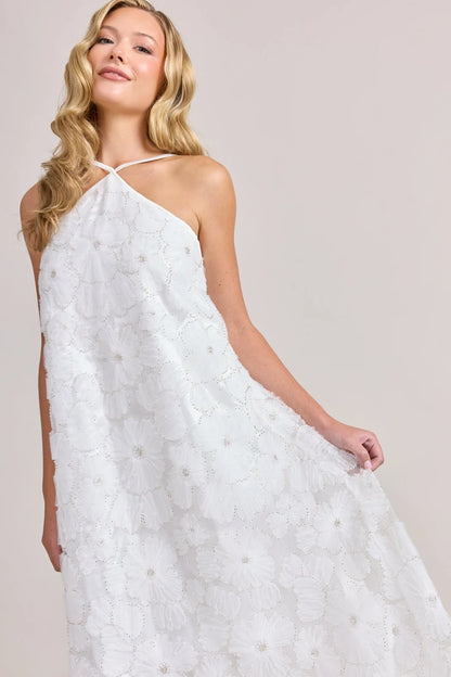 Elegant A-Line Halter Sleeveless Floral Beaded White Midi Prom Dress Women's Gown