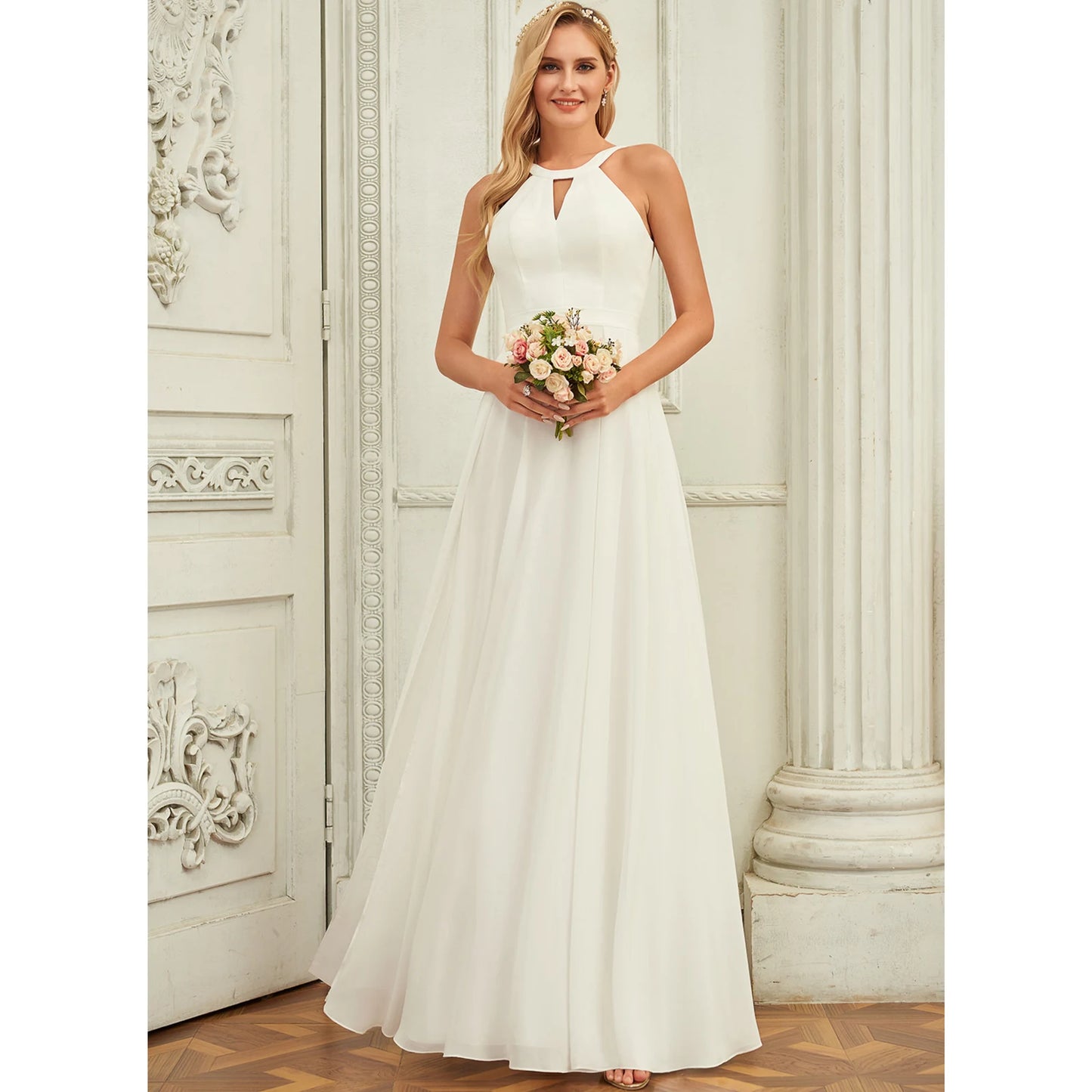 Elegant A-Line Halter Sleeveless Flowy White Floor-Length Wedding Gown for Brides