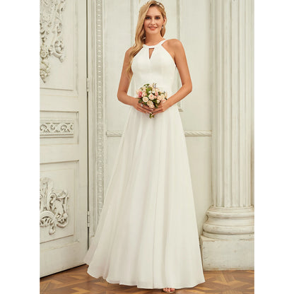 Elegant A-Line Halter Sleeveless Flowy White Floor-Length Wedding Gown for Brides