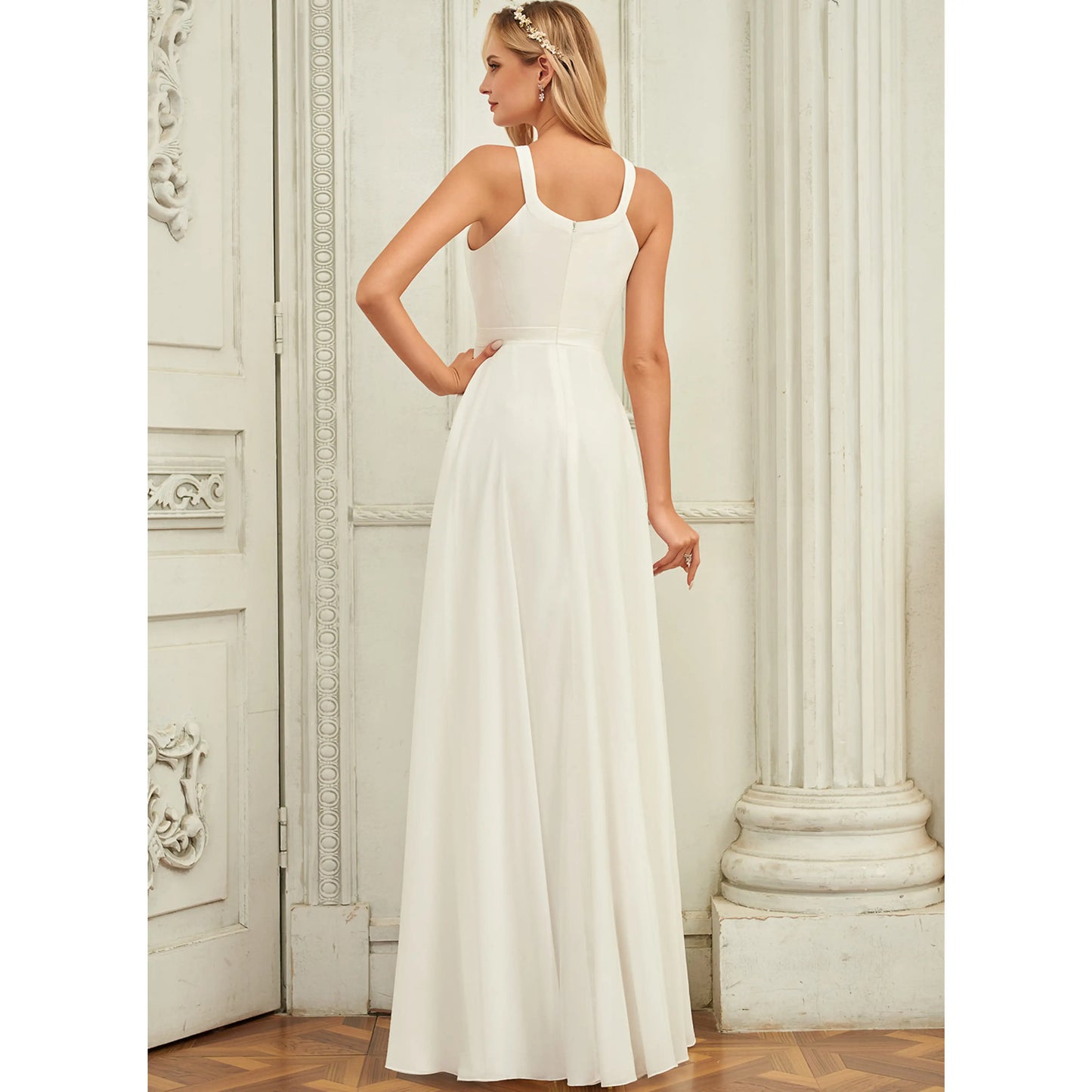 Elegant A-Line Halter Sleeveless Flowy White Floor-Length Wedding Gown for Brides