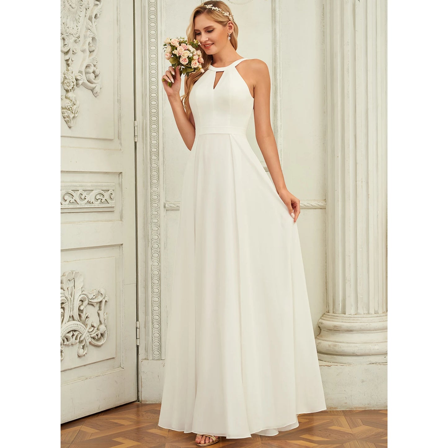 Elegant A-Line Halter Sleeveless Flowy White Floor-Length Wedding Gown for Brides