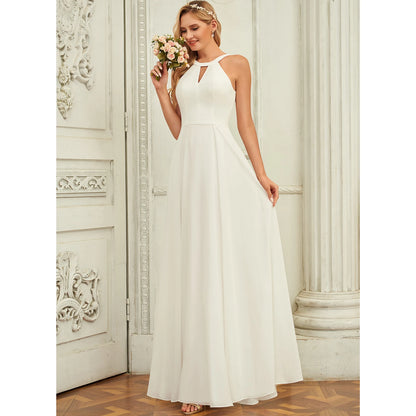 Elegant A-Line Halter Sleeveless Flowy White Floor-Length Wedding Gown for Brides