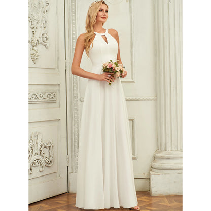 Elegant A-Line Halter Sleeveless Flowy White Floor-Length Wedding Gown for Brides