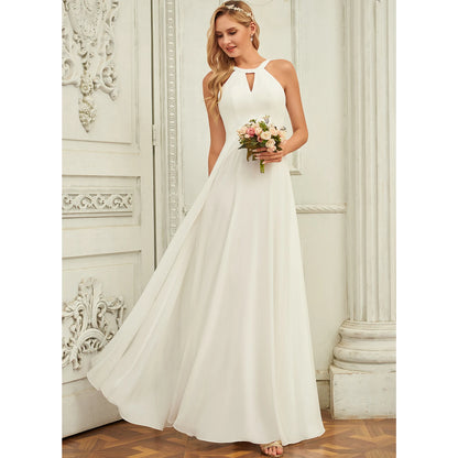 Elegant A-Line Halter Sleeveless Flowy White Floor-Length Wedding Gown for Brides