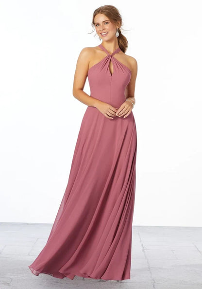 Elegant A-Line Halter Sleeveless Keyhole Backless Mauve Floor-Length Bridesmaid Dress Women