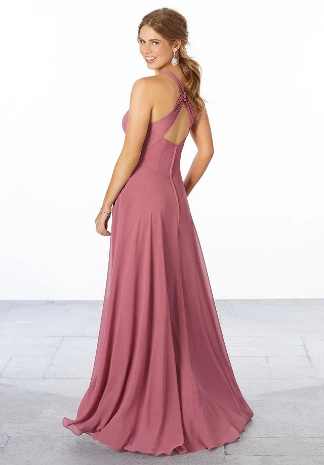 Elegant A-Line Halter Sleeveless Keyhole Backless Mauve Floor-Length Bridesmaid Dress Women