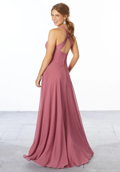 Elegant A-Line Halter Sleeveless Keyhole Backless Mauve Floor-Length Bridesmaid Dress Women