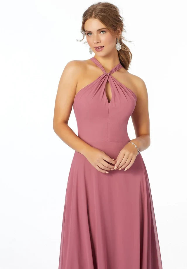 Elegant A-Line Halter Sleeveless Keyhole Backless Mauve Floor-Length Bridesmaid Dress Women