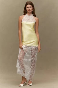 Elegant A-Line Halter Sleeveless Lace Ruffled Pale Yellow Maxi Prom Dress