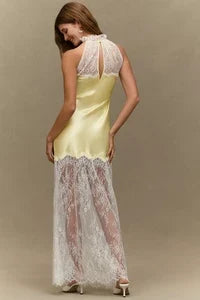 Elegant A-Line Halter Sleeveless Lace Ruffled Pale Yellow Maxi Prom Dress