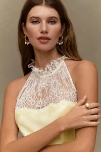 Elegant A-Line Halter Sleeveless Lace Ruffled Pale Yellow Maxi Prom Dress