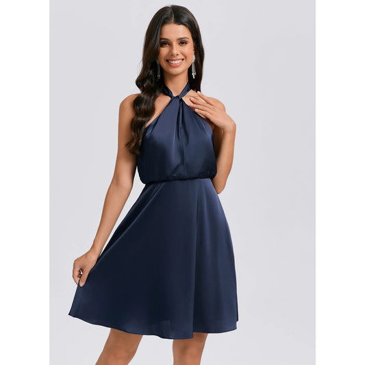 Elegant A-Line Halter Sleeveless Pleated Backless Navy Short Homecoming Dress for Women