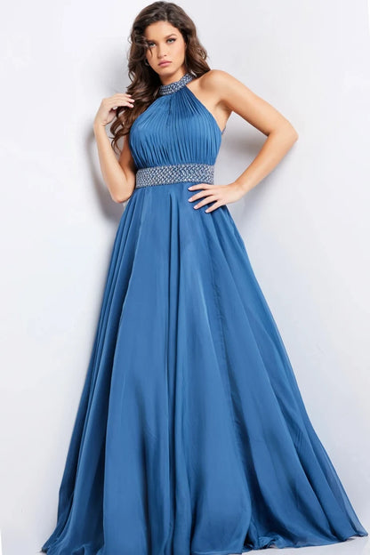 Elegant A-Line Halter Sleeveless Pleated Blue Floor-Length Evening Gown
