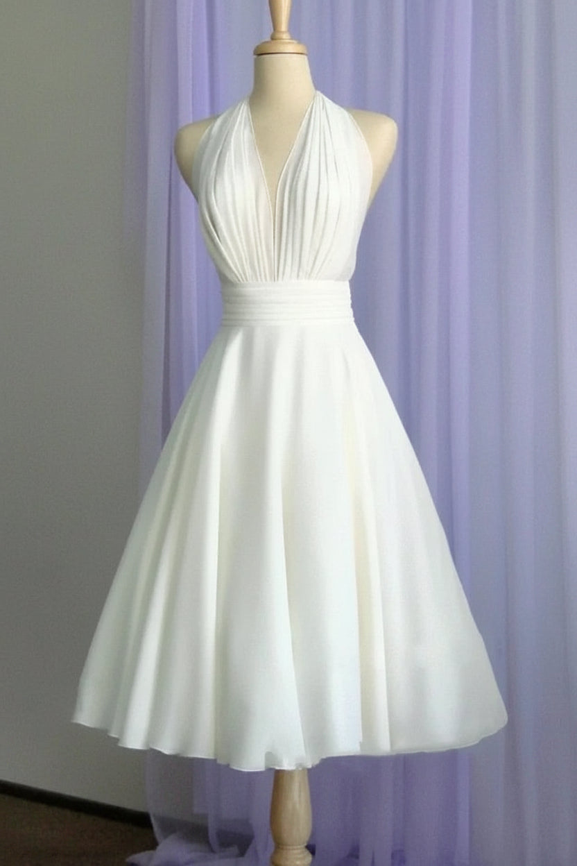 Elegant A-Line Halter Sleeveless Pleated Bow Ivory Tea-Length Wedding Dress for Brides