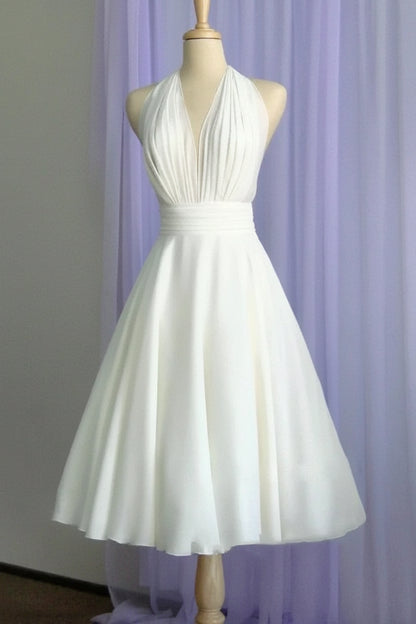 Elegant A-Line Halter Sleeveless Pleated Bow Ivory Tea-Length Wedding Dress for Brides