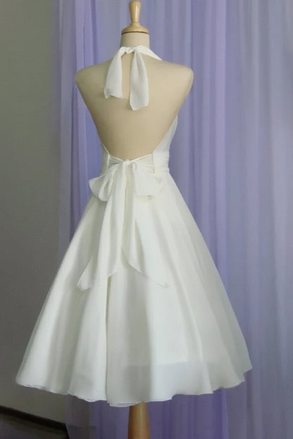 Elegant A-Line Halter Sleeveless Pleated Bow Ivory Tea-Length Wedding Dress for Brides