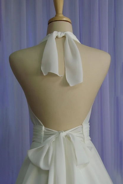 Elegant A-Line Halter Sleeveless Pleated Bow Ivory Tea-Length Wedding Dress for Brides