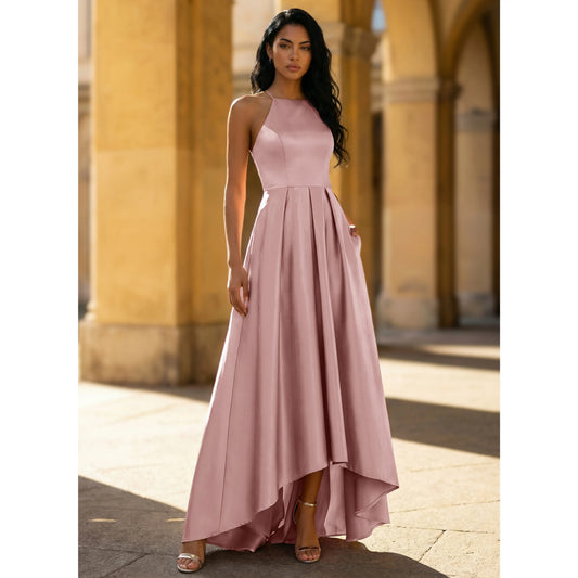 Elegant A-Line Halter Sleeveless Pleated High-Low Dusty Pink Prom Dress