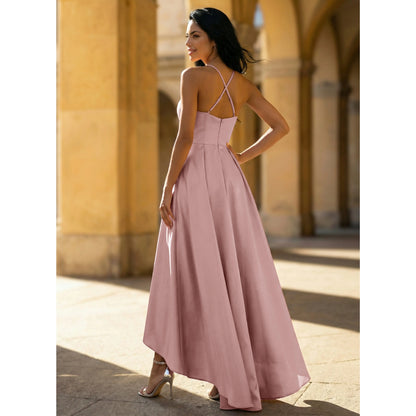 Elegant A-Line Halter Sleeveless Pleated High-Low Dusty Pink Prom Dress