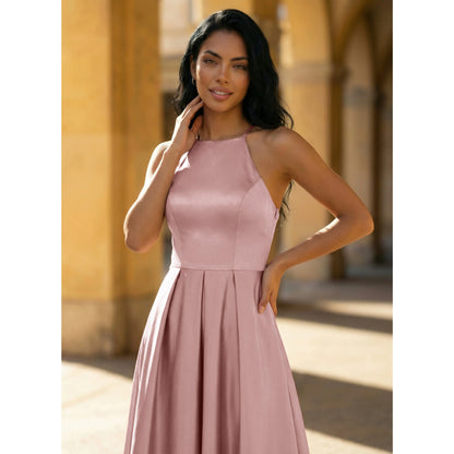 Elegant A-Line Halter Sleeveless Pleated High-Low Dusty Pink Prom Dress