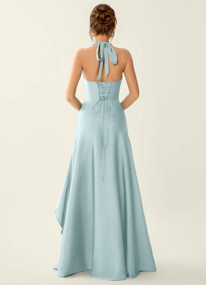 Elegant A-Line Halter Sleeveless Pleated High-Slit Light Blue Maxi Prom Dress