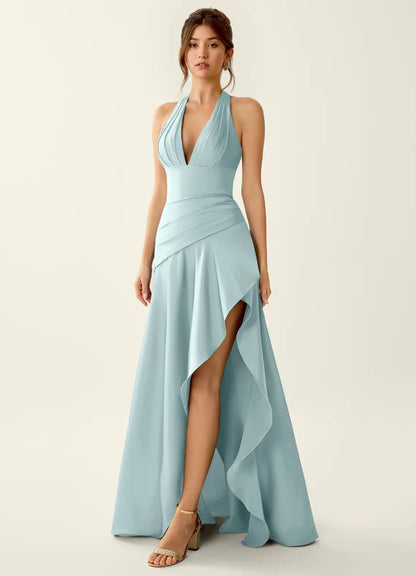 Elegant A-Line Halter Sleeveless Pleated High-Slit Light Blue Maxi Prom Dress