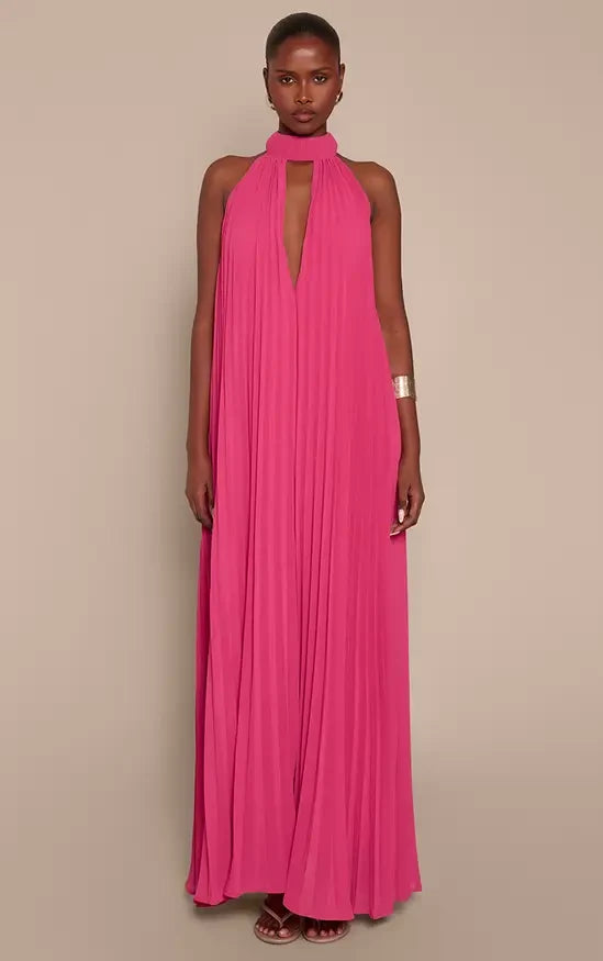 Elegant A-Line Halter Sleeveless Pleated Keyhole Pink Maxi Evening Dresses Womens Gown