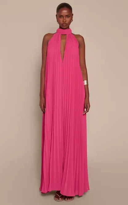 Elegant A-Line Halter Sleeveless Pleated Keyhole Pink Maxi Evening Dresses Womens Gown