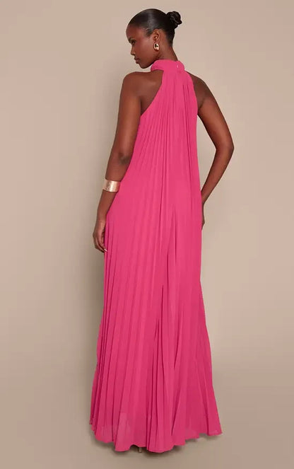 Elegant A-Line Halter Sleeveless Pleated Keyhole Pink Maxi Evening Dresses Womens Gown