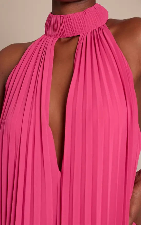 Elegant A-Line Halter Sleeveless Pleated Keyhole Pink Maxi Evening Dresses Womens Gown
