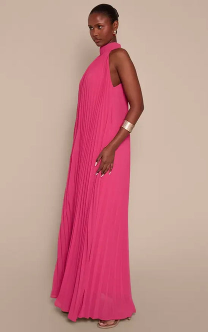 Elegant A-Line Halter Sleeveless Pleated Keyhole Pink Maxi Evening Dresses Womens Gown