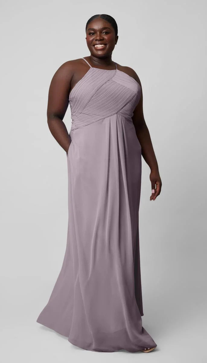 Elegant A-Line Halter Sleeveless Pleated Pocket Lilac Long Bridesmaid Dress Gown