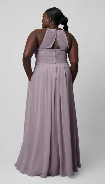 Elegant A-Line Halter Sleeveless Pleated Pocket Lilac Long Bridesmaid Dress Gown