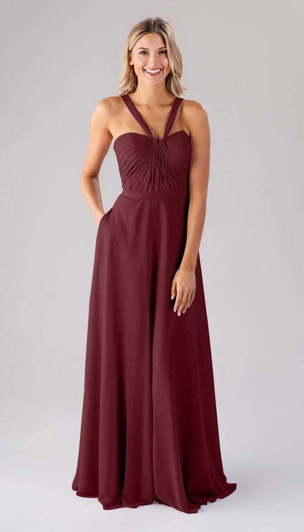 Elegant A-Line Halter Sleeveless Pleated Pocket Maroon Maxi Bridesmaid Dress Women