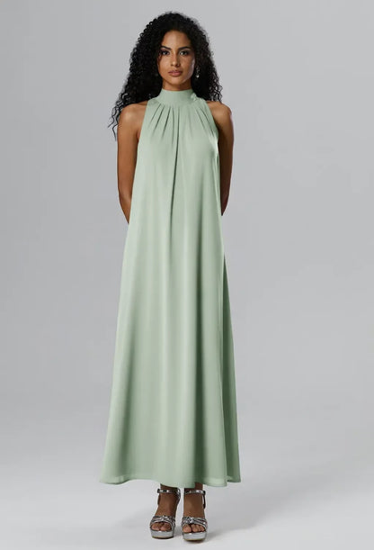 Elegant A-Line Halter Sleeveless Pleated Sage Maxi Bridesmaid Dress Gown