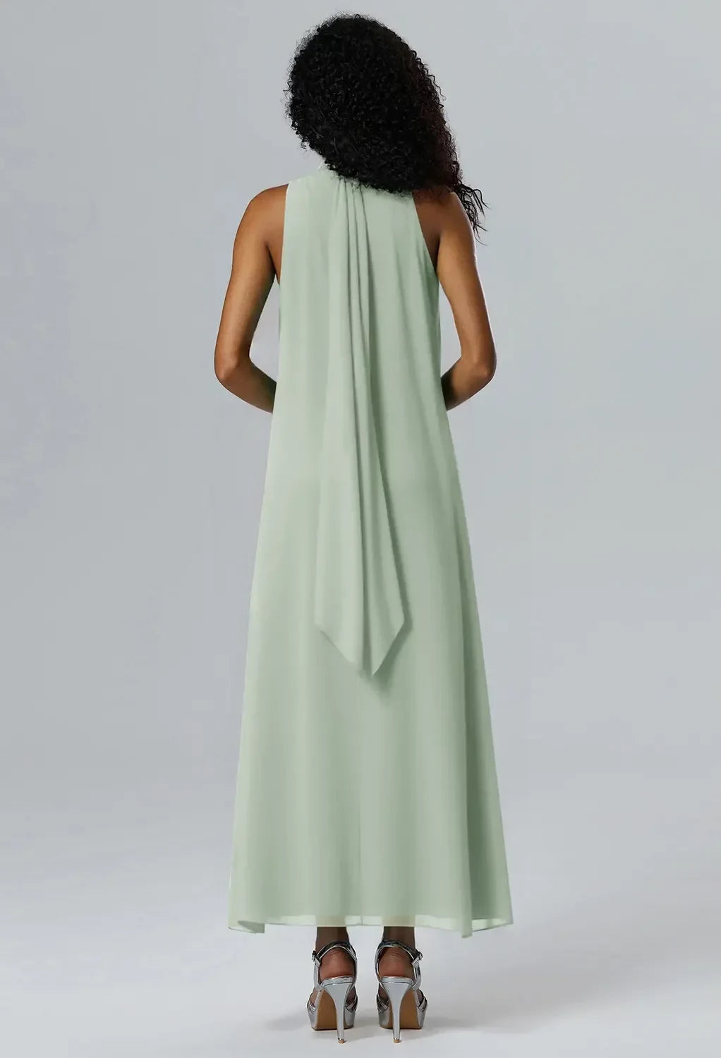 Elegant A-Line Halter Sleeveless Pleated Sage Maxi Bridesmaid Dress Gown