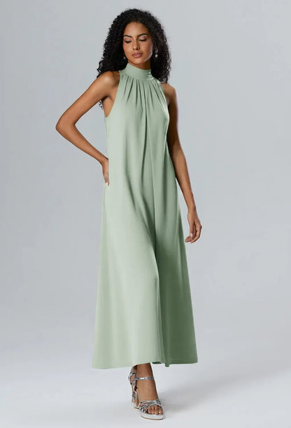 Elegant A-Line Halter Sleeveless Pleated Sage Maxi Bridesmaid Dress Gown