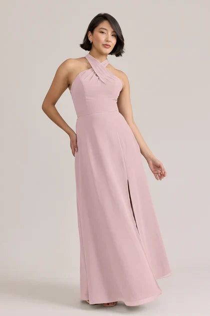 Elegant A-Line Halter Sleeveless Pleated Slit Dusty Pink Bridesmaid Gown