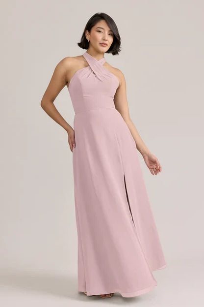 Elegant A-Line Halter Sleeveless Pleated Slit Dusty Pink Bridesmaid Gown