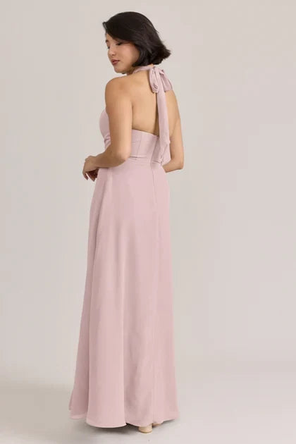 Elegant A-Line Halter Sleeveless Pleated Slit Dusty Pink Bridesmaid Gown