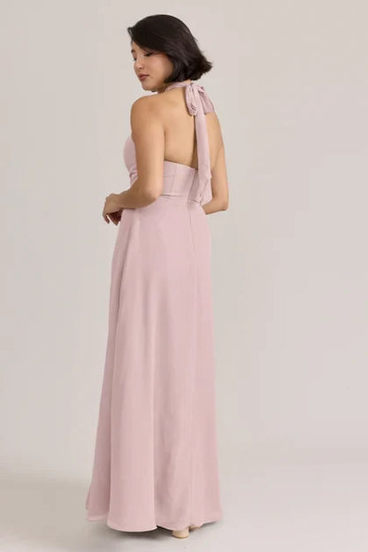 Elegant A-Line Halter Sleeveless Pleated Slit Dusty Pink Bridesmaid Gown