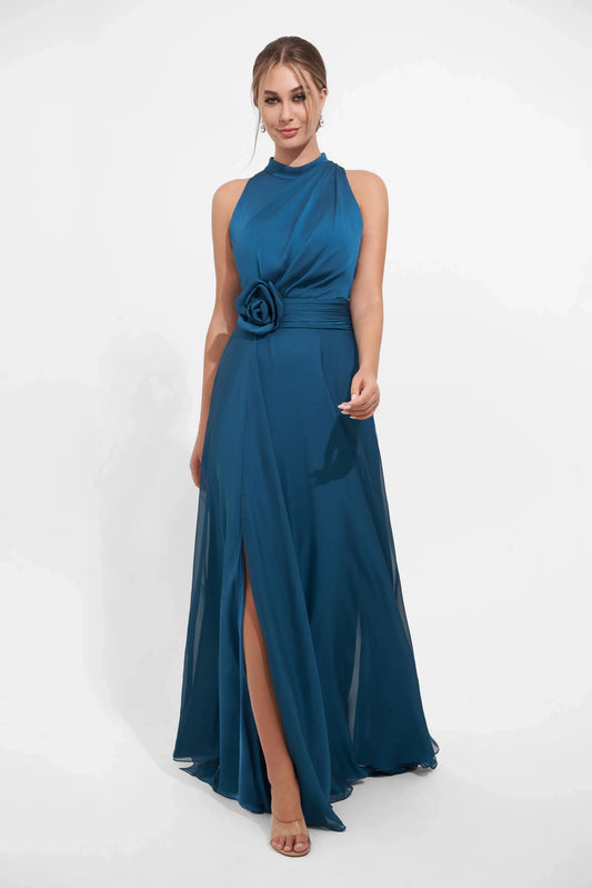 Elegant A-Line Halter Sleeveless Pleated Slit Teal Floor-Length Mother of the Bride Gown