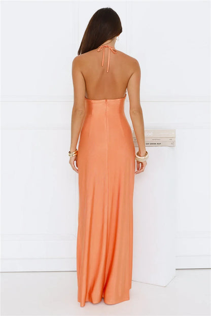 Elegant A-Line Halter Sleeveless Ruched Cutout Peach Floor-Length Prom Dress