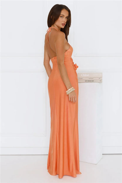 Elegant A-Line Halter Sleeveless Ruched Cutout Peach Floor-Length Prom Dress