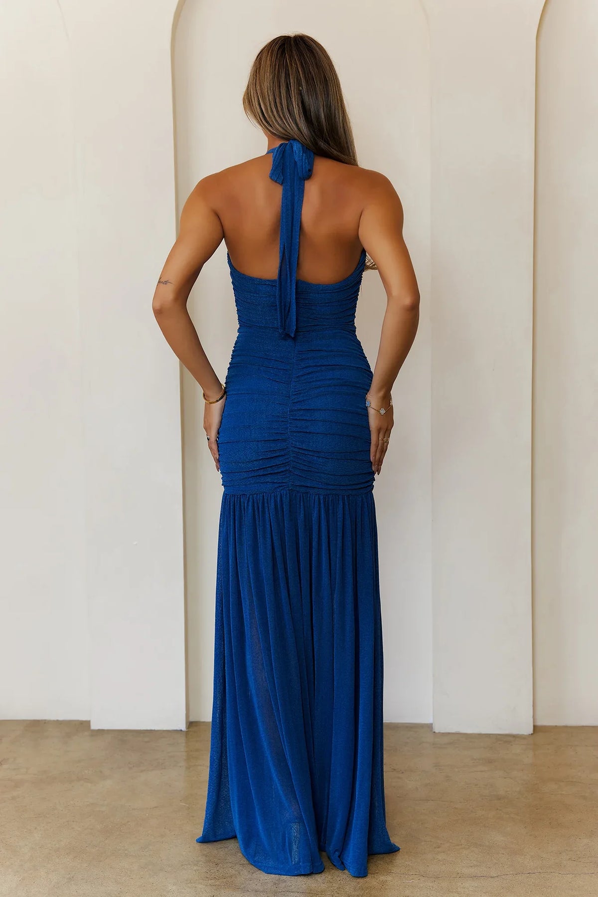 Elegant A-Line Halter Sleeveless Ruched High Slit Royal Blue Floor-Length Prom Dress